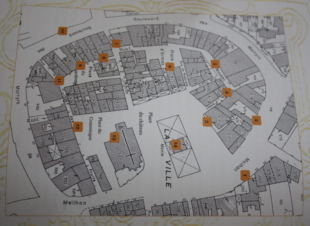 La carte de la visite historique de la ville issue du guide "1000 ans d'histoire aux détours de la ville" réalisé par l'OMCSL de la Mairie de L'Isle-en-Dodon © Récit en Série - Isabelle Desprez.