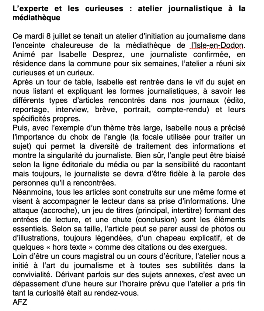 Le compte-rendu de Adèle sur l’atelier d’écritures journalistiques © Récit en Série.